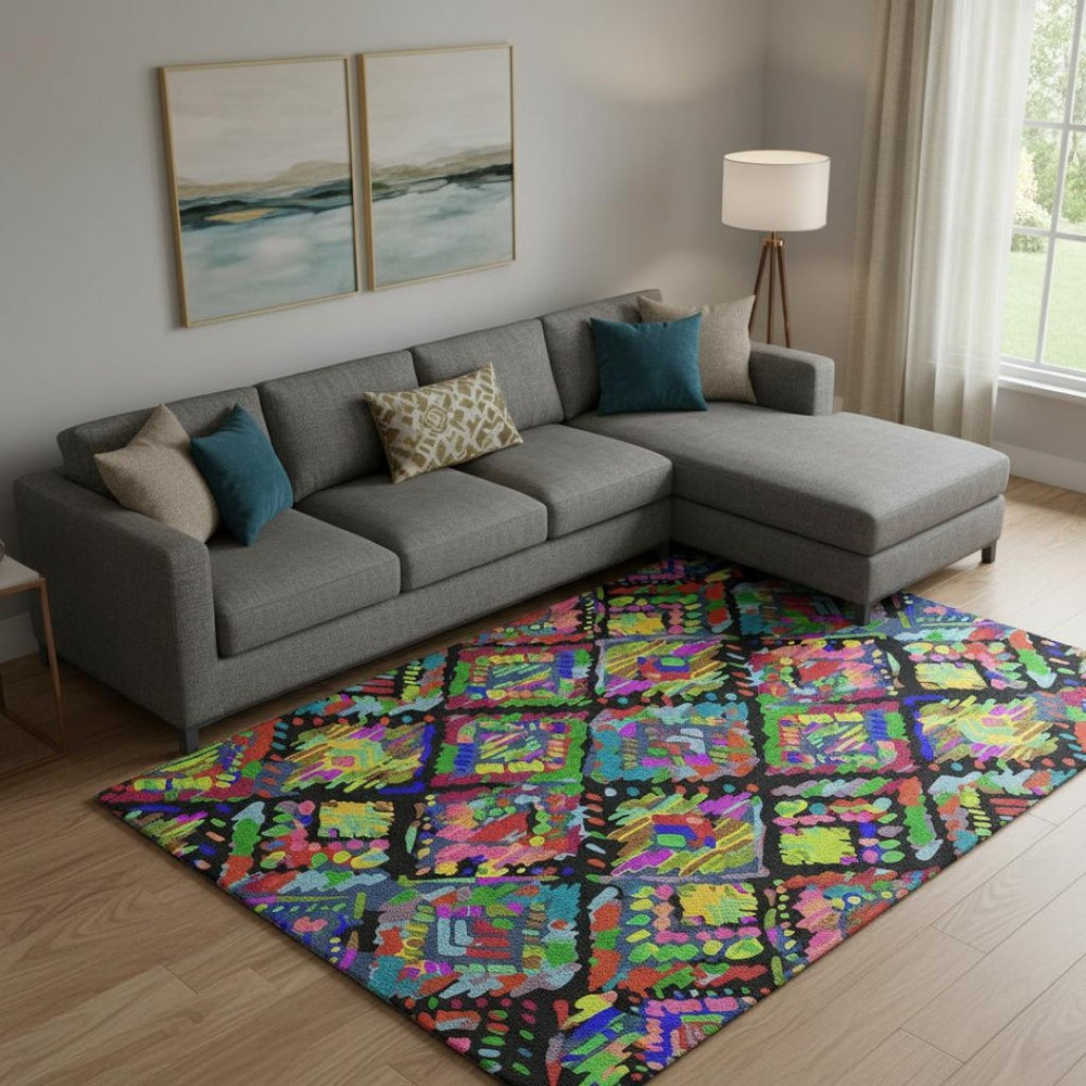 HomeRoots 9' X 12' Bold Geometric Area Rug in Black, Red, Pink, & Green - Washable, UV Protected, Pet-Friendly 693005