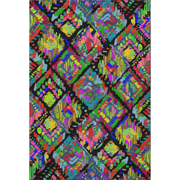 HomeRoots 9' X 12' Bold Geometric Area Rug in Black, Red, Pink, & Green - Washable, UV Protected, Pet-Friendly 693005