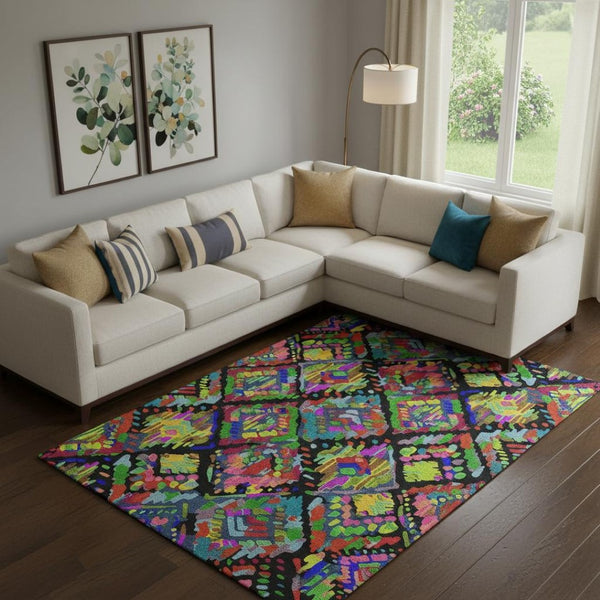 HomeRoots 10' Geometric Washable Area Rug in Bold Black, Red, Pink & Green - UV Protected & Pet Friendly! 693006
