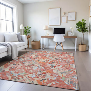 HomeRoots 5' X 8' Coral Sky Blue & Mauve Geometric Area Rug - Durable, Washable, UV Protected for Homes 693008