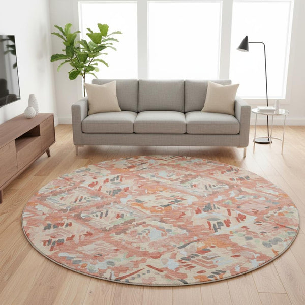 HomeRoots 8' Round Coral Sky Blue & Mauve Geometric Washable Rug – UV Protected, Stain-Resistant, Durable Design 693009