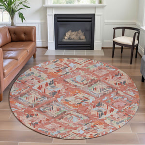HomeRoots 8' Round Coral Sky Blue & Mauve Geometric Washable Rug – UV Protected, Stain-Resistant, Durable Design 693009