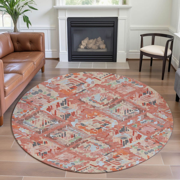 HomeRoots 8' Round Coral Sky Blue & Mauve Geometric Washable Rug – UV Protected, Stain-Resistant, Durable Design 693009