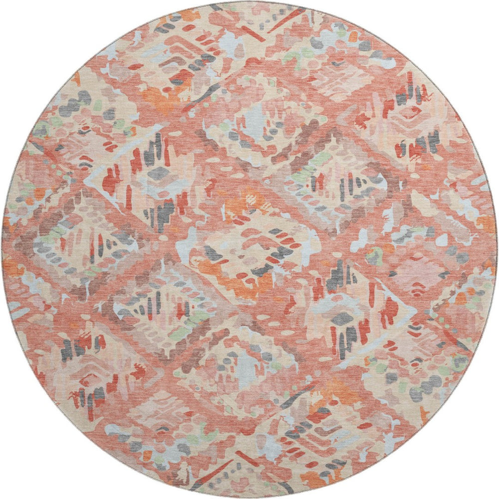 HomeRoots 8' Round Coral Sky Blue & Mauve Geometric Washable Rug – UV Protected, Stain-Resistant, Durable Design 693009