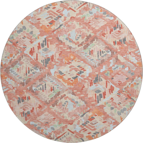 HomeRoots 8' Round Coral Sky Blue & Mauve Geometric Washable Rug – UV Protected, Stain-Resistant, Durable Design 693009