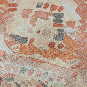 HomeRoots 8' Round Coral Sky Blue & Mauve Geometric Washable Rug – UV Protected, Stain-Resistant, Durable Design 693009