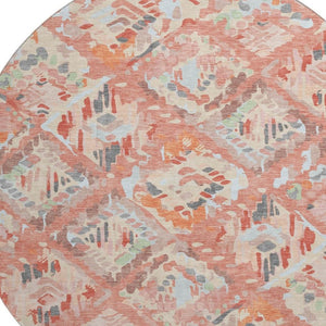 HomeRoots 8' Round Coral Sky Blue & Mauve Geometric Washable Rug – UV Protected, Stain-Resistant, Durable Design 693009