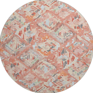 HomeRoots 8' Round Coral Sky Blue & Mauve Geometric Washable Rug – UV Protected, Stain-Resistant, Durable Design 693009