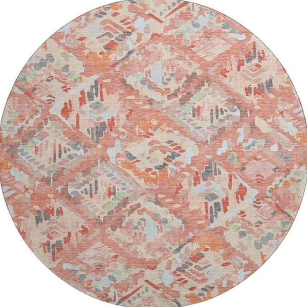 HomeRoots 8' Round Coral Sky Blue & Mauve Geometric Washable Rug – UV Protected, Stain-Resistant, Durable Design 693009