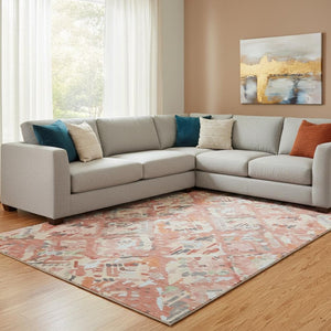 HomeRoots 8' Coral Sky Blue & Mauve Geometric Area Rug - Washable, UV-Protected, Durable & Stylish Home Accent 693010