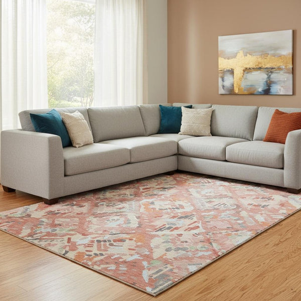 HomeRoots 8' Coral Sky Blue & Mauve Geometric Area Rug - Washable, UV-Protected, Durable & Stylish Home Accent 693010