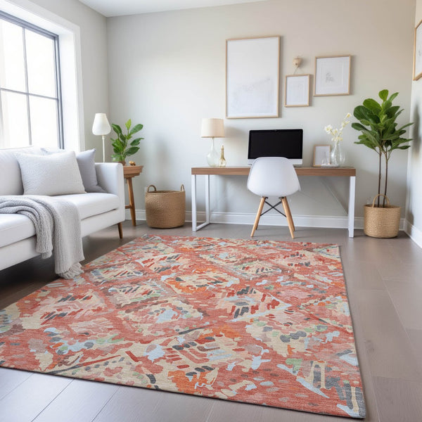HomeRoots 8' Coral Sky Blue & Mauve Geometric Area Rug - Washable, UV-Protected, Durable & Stylish Home Accent 693010