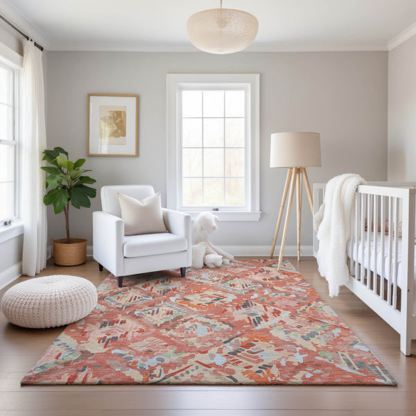 HomeRoots 8' Coral Sky Blue & Mauve Geometric Area Rug - Washable, UV-Protected, Durable & Stylish Home Accent 693010