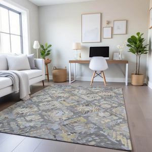 HomeRoots 5' X 8' Machine-Washable Geometric Area Rug in Gray, Beige & Tan - Durable, Stain-Resistant, UV-Protected 693014