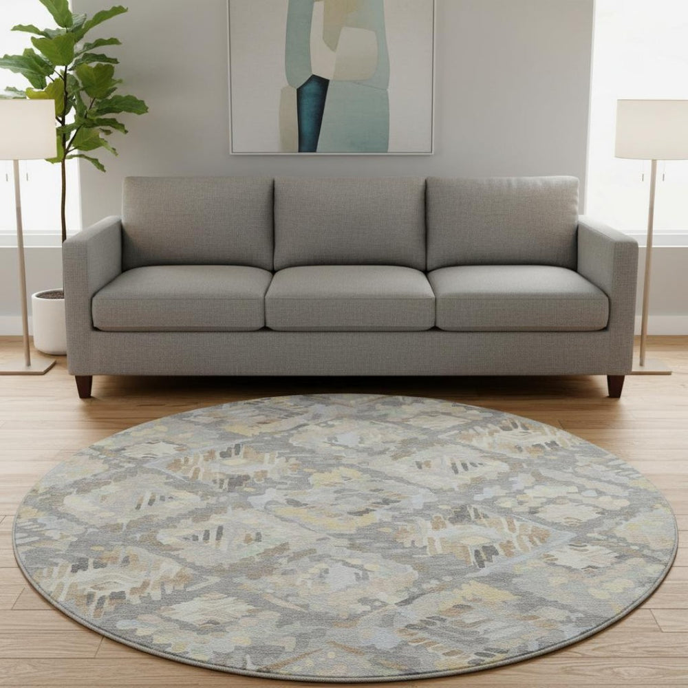 HomeRoots 8' X 8' Modern Geometric Washable Round Rug in Gray, Beige & Tan - Durable, UV Protected & Stylish! 693015