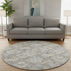 HomeRoots 8' X 8' Modern Geometric Washable Round Rug in Gray, Beige & Tan - Durable, UV Protected & Stylish! 693015