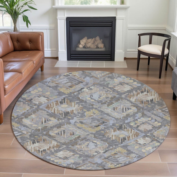 HomeRoots 8' X 8' Modern Geometric Washable Round Rug in Gray, Beige & Tan - Durable, UV Protected & Stylish! 693015