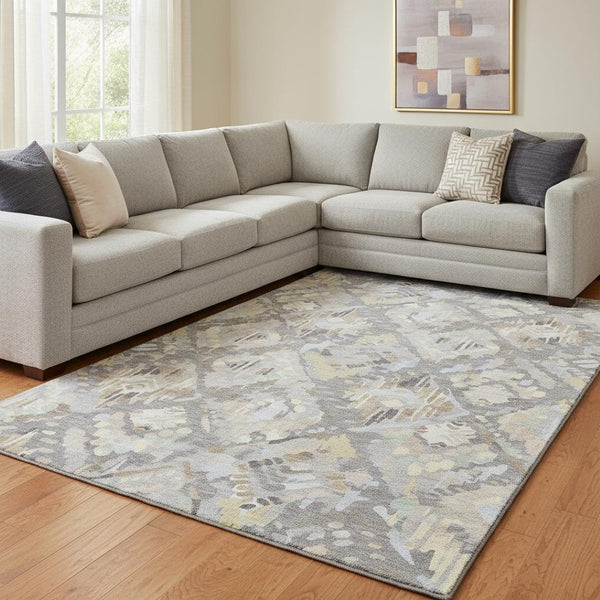 HomeRoots 8' Gray Beige Tan Geometric Area Rug - Washable, UV Protected, Durable for Homes with Kids & Pets 693016