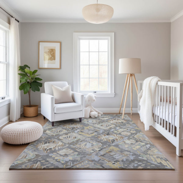 HomeRoots 8' Gray Beige Tan Geometric Area Rug - Washable, UV Protected, Durable for Homes with Kids & Pets 693016