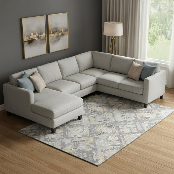 HomeRoots 9' X 12' Gray Beige Tan Geometric Washable Area Rug – Stain Resistant, UV Protected, Non-Slip Design 693017