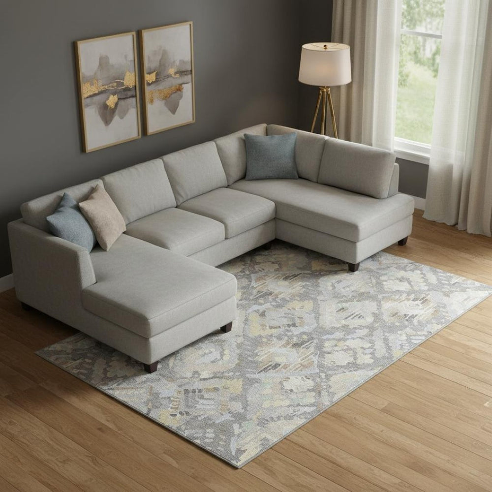 HomeRoots 10' X 14' Gray Beige Tan Geometric Washable Area Rug with UV Protection for Stylish Living Spaces 693018