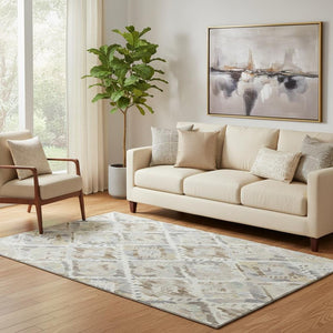 HomeRoots 5' X 8' Ivory Brown & Gray Geometric Washable Area Rug with UV Protection for Stylish Durability 693020