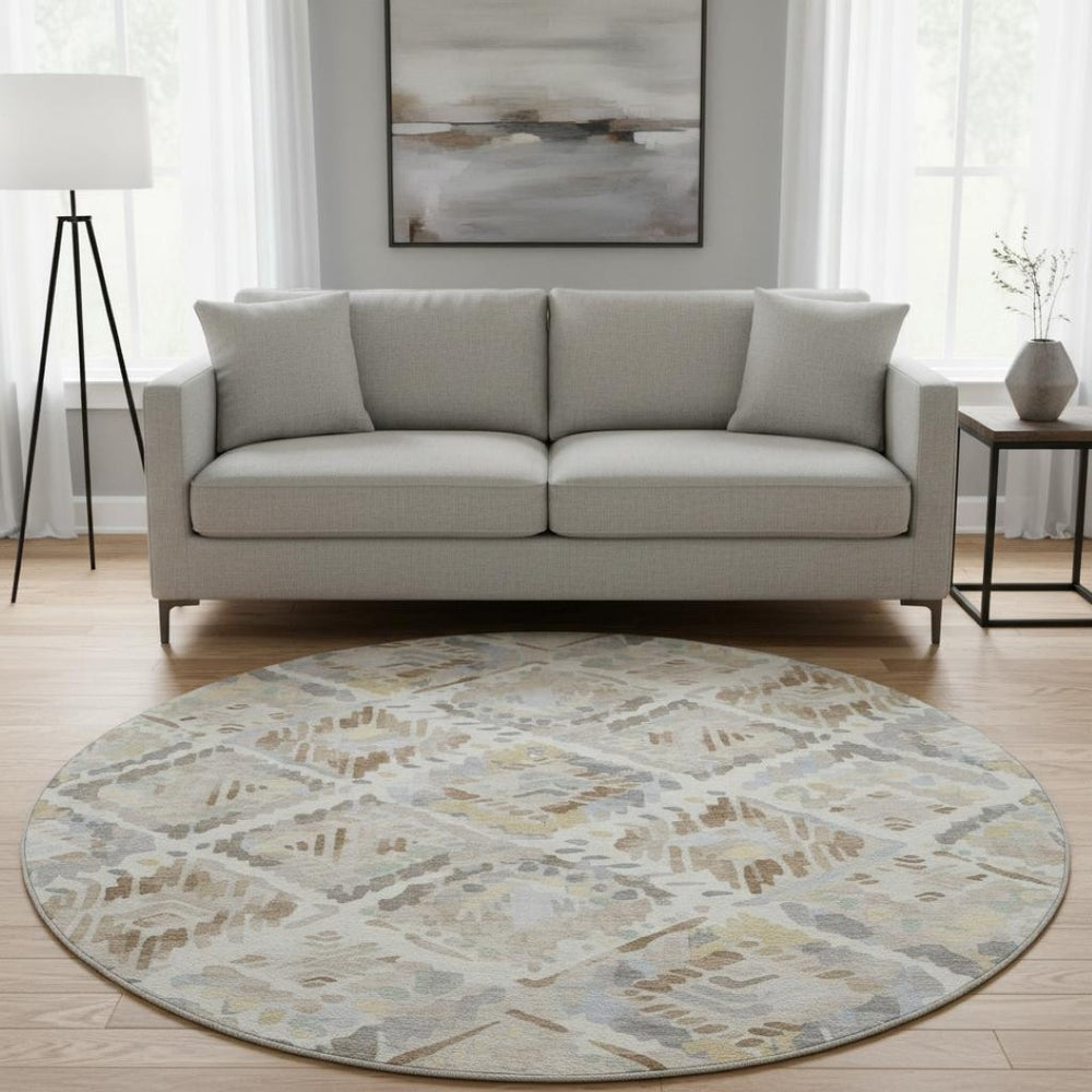 HomeRoots 8' X 8' Washable Round Rug in Ivory, Brown & Gray – Stylish, Stain-Resistant & UV Protected Design 693021