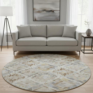 HomeRoots 8' X 8' Washable Round Rug in Ivory, Brown & Gray – Stylish, Stain-Resistant & UV Protected Design 693021