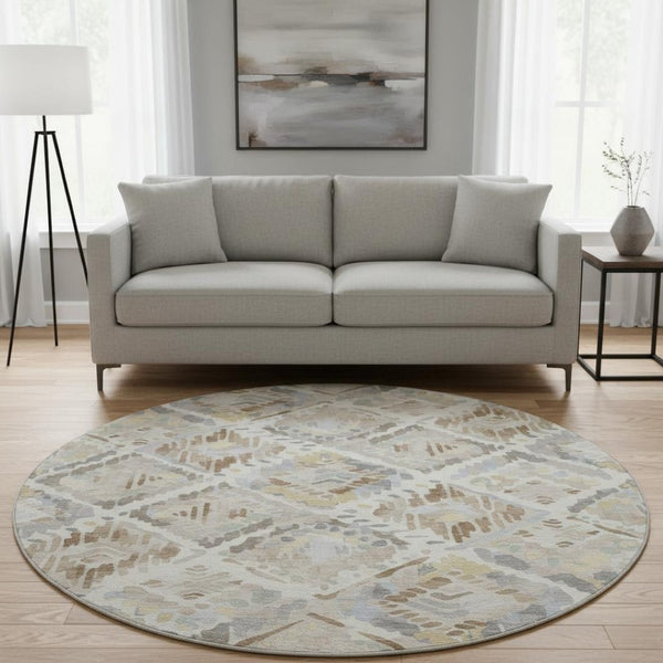 HomeRoots 8' X 8' Washable Round Rug in Ivory, Brown & Gray – Stylish, Stain-Resistant & UV Protected Design 693021