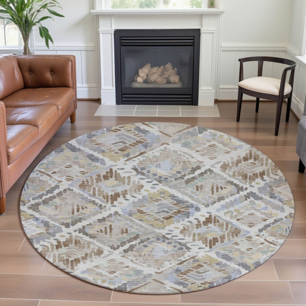 HomeRoots 8' X 8' Washable Round Rug in Ivory, Brown & Gray – Stylish, Stain-Resistant & UV Protected Design 693021