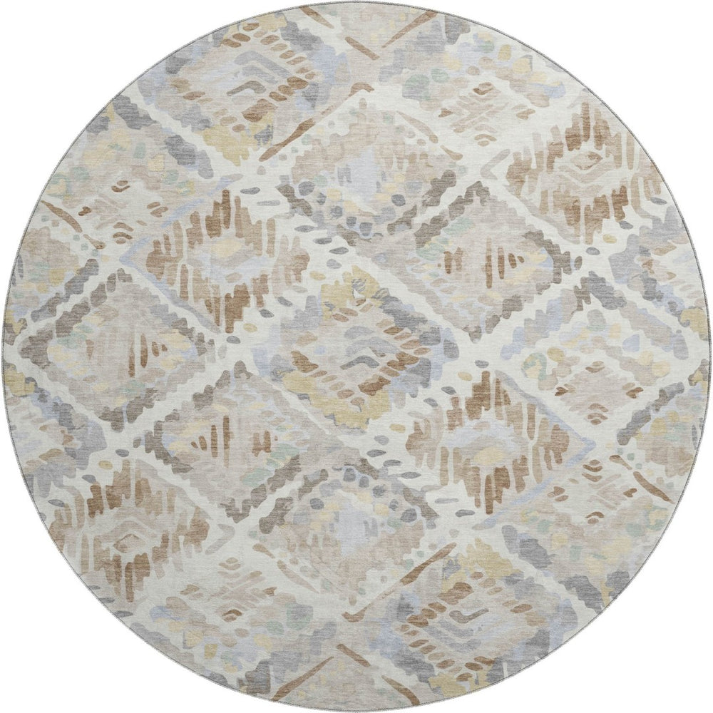 HomeRoots 8' X 8' Washable Round Rug in Ivory, Brown & Gray – Stylish, Stain-Resistant & UV Protected Design 693021