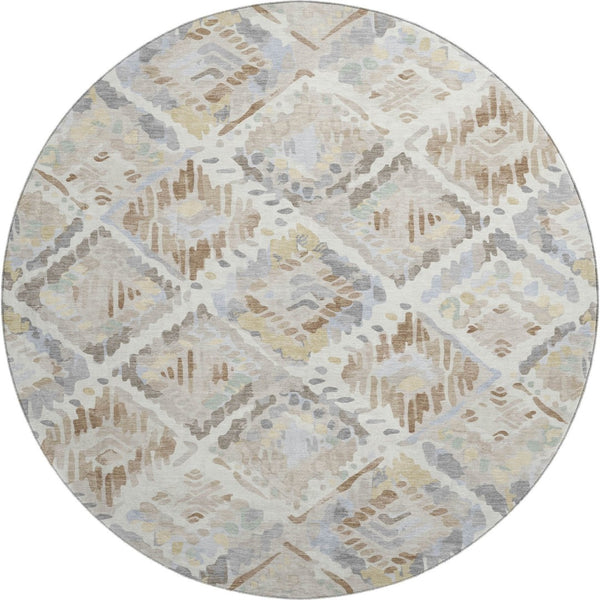 HomeRoots 8' X 8' Washable Round Rug in Ivory, Brown & Gray – Stylish, Stain-Resistant & UV Protected Design 693021