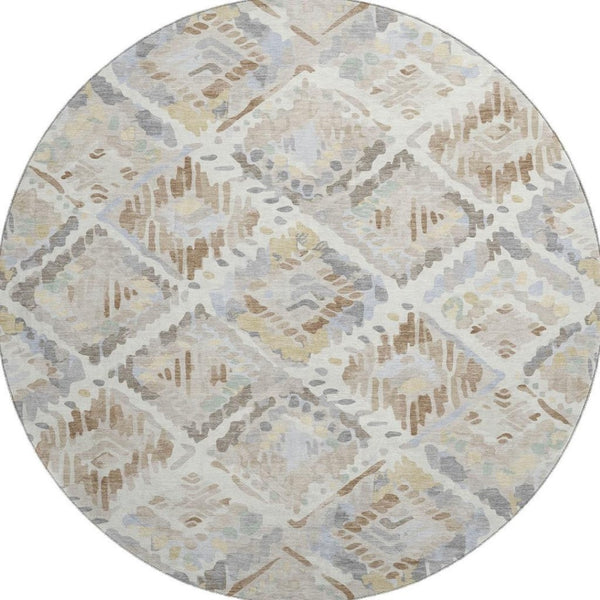 HomeRoots 8' X 8' Washable Round Rug in Ivory, Brown & Gray – Stylish, Stain-Resistant & UV Protected Design 693021