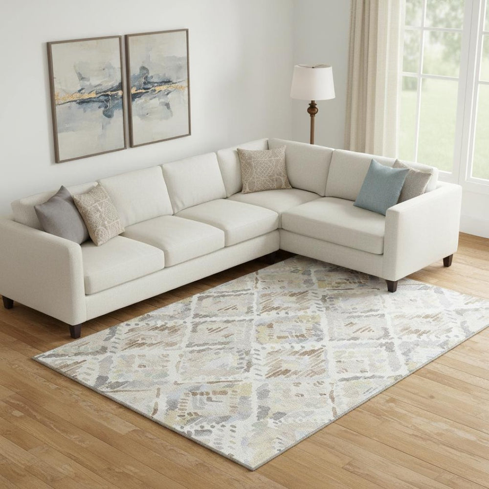 HomeRoots 9' Stylish Ivory, Brown & Gray Geometric Area Rug – Washable, UV Protected, Perfect for High-Traffic Homes! 693023