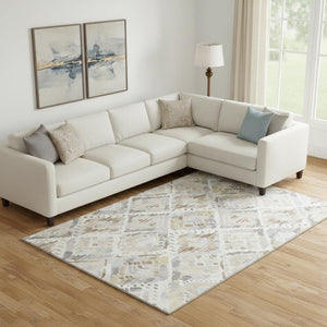 HomeRoots 9' Stylish Ivory, Brown & Gray Geometric Area Rug – Washable, UV Protected, Perfect for High-Traffic Homes! 693023