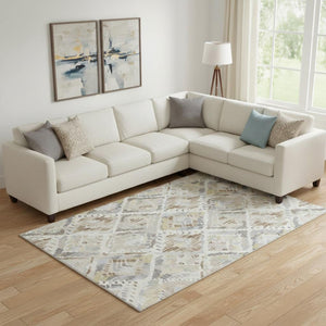 HomeRoots 10' X 14' Washable Geometric Area Rug in Ivory, Brown & Gray – UV Protection & Stain Resistant Design 693024