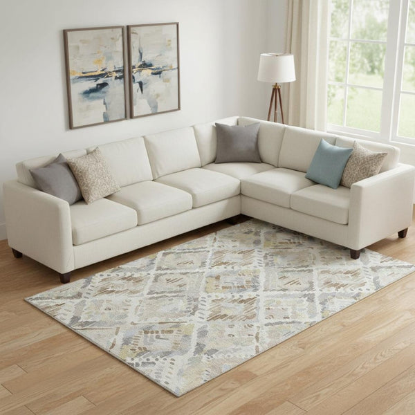HomeRoots 10' X 14' Washable Geometric Area Rug in Ivory, Brown & Gray – UV Protection & Stain Resistant Design 693024