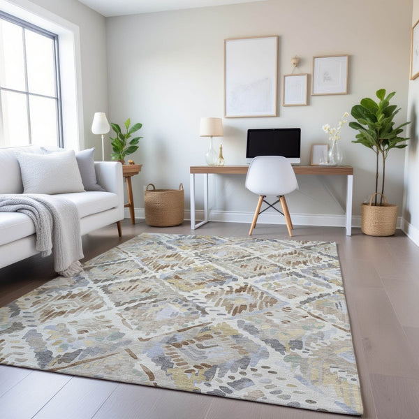 HomeRoots 10' X 14' Washable Geometric Area Rug in Ivory, Brown & Gray – UV Protection & Stain Resistant Design 693024