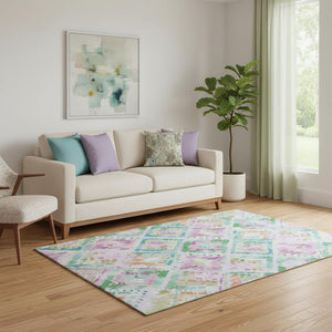 HomeRoots 5' X 8' Washable Geometric Area Rug in Vibrant Lavender, Teal, and Orange with UV Protection 693026