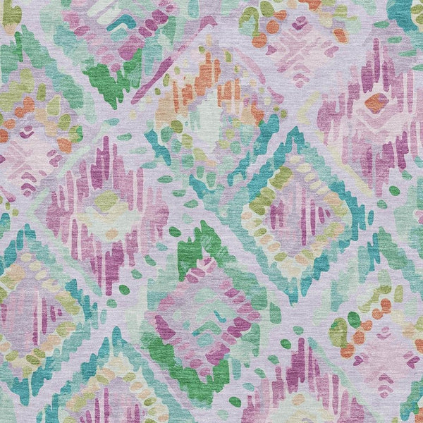 HomeRoots 5' X 8' Washable Geometric Area Rug in Vibrant Lavender, Teal, and Orange with UV Protection 693026