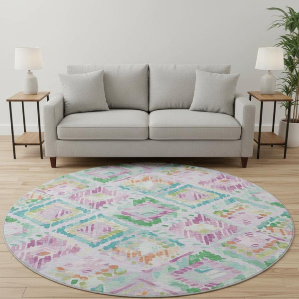 HomeRoots 8' X 8' Modern Geometric Round Rug in Lavender, Teal & Orange - Washable, Durable & UV Protected 693027