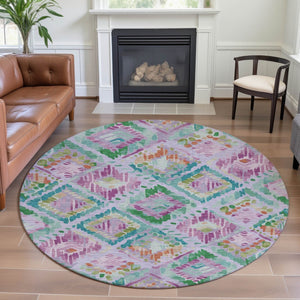 HomeRoots 8' X 8' Modern Geometric Round Rug in Lavender, Teal & Orange - Washable, Durable & UV Protected 693027