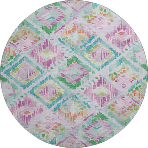 HomeRoots 8' X 8' Modern Geometric Round Rug in Lavender, Teal & Orange - Washable, Durable & UV Protected 693027