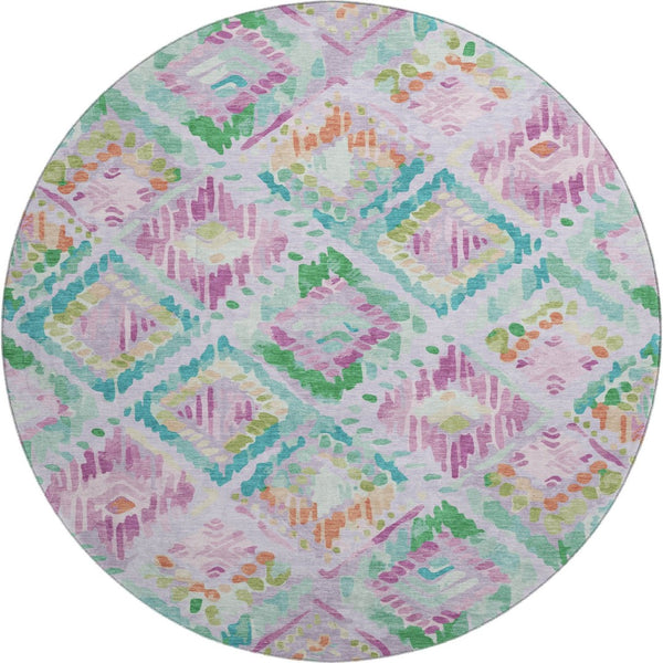 HomeRoots 8' X 8' Modern Geometric Round Rug in Lavender, Teal & Orange - Washable, Durable & UV Protected 693027