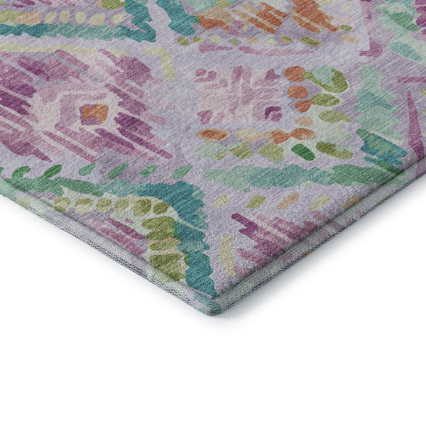 HomeRoots 8' X 8' Modern Geometric Round Rug in Lavender, Teal & Orange - Washable, Durable & UV Protected 693027