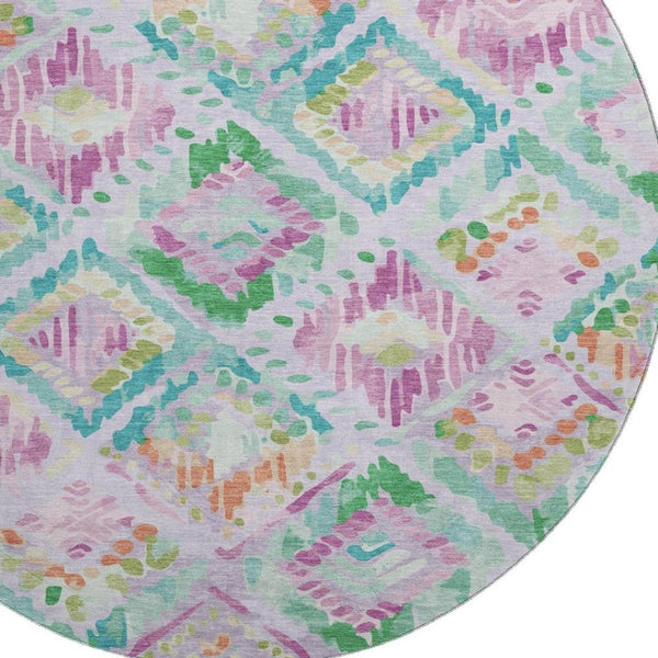 HomeRoots 8' X 8' Modern Geometric Round Rug in Lavender, Teal & Orange - Washable, Durable & UV Protected 693027