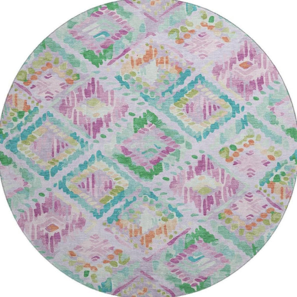 HomeRoots 8' X 8' Modern Geometric Round Rug in Lavender, Teal & Orange - Washable, Durable & UV Protected 693027