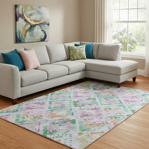 HomeRoots 8' Modern Geometric Area Rug in Vibrant Lavender, Teal & Orange - Washable with UV Protection 693028