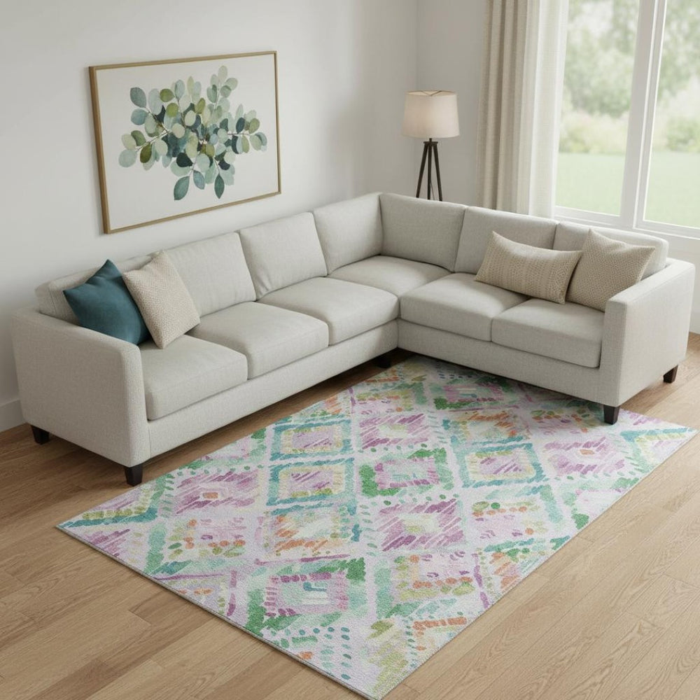 HomeRoots 9' X 12' Vibrant Lavender, Teal & Orange Geometric Washable Area Rug - UV Protected & Durable Design 693029
