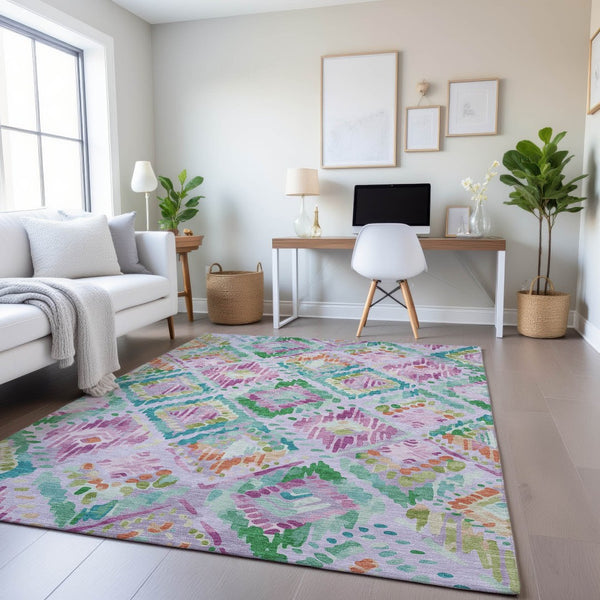 HomeRoots 9' X 12' Vibrant Lavender, Teal & Orange Geometric Washable Area Rug - UV Protected & Durable Design 693029